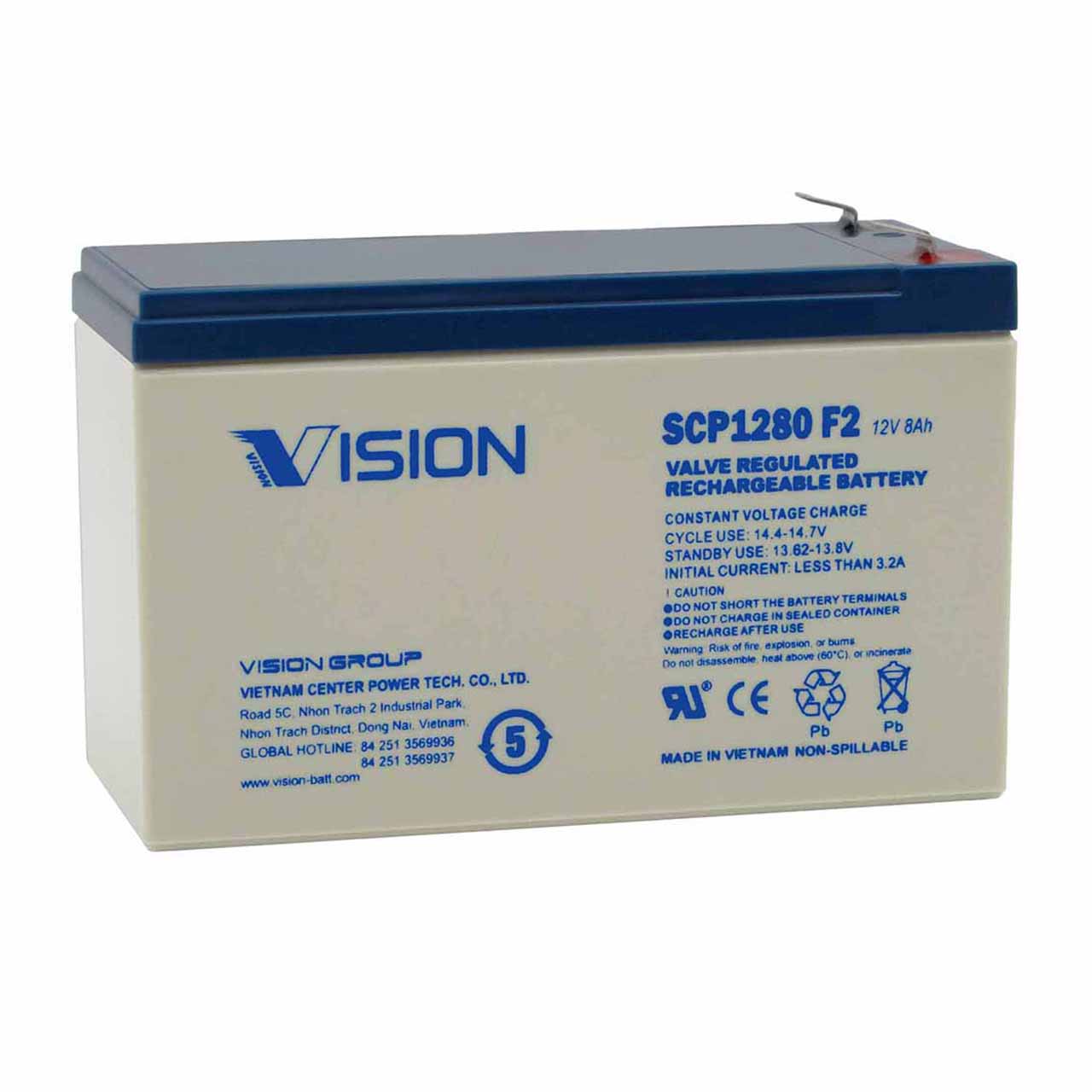 Vision SCP1280 12V 8Ah AGM Battery with F2 Terminals